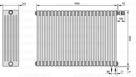 Схема (чертеж) Радиатор Zehnder Charleston 6300/23 №V002 Белый глянцевый RAL 9016
